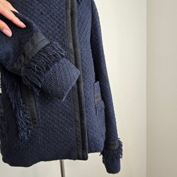 Tory Burch Navy Long Sleeve Tweed Fringe Cross Grain Blazer Sz 4 (708) - Picture 2 of 11